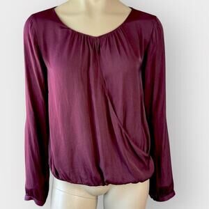 ASTR Long Sleeve Surplice Crossover Chiffon Top Loose Blouse Size S Burgundy